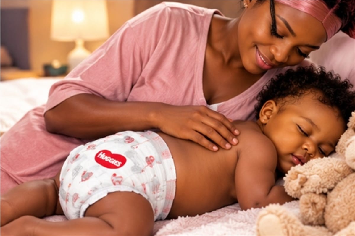 Maman en rose veillant sur son bébé endormi en couche Huggies