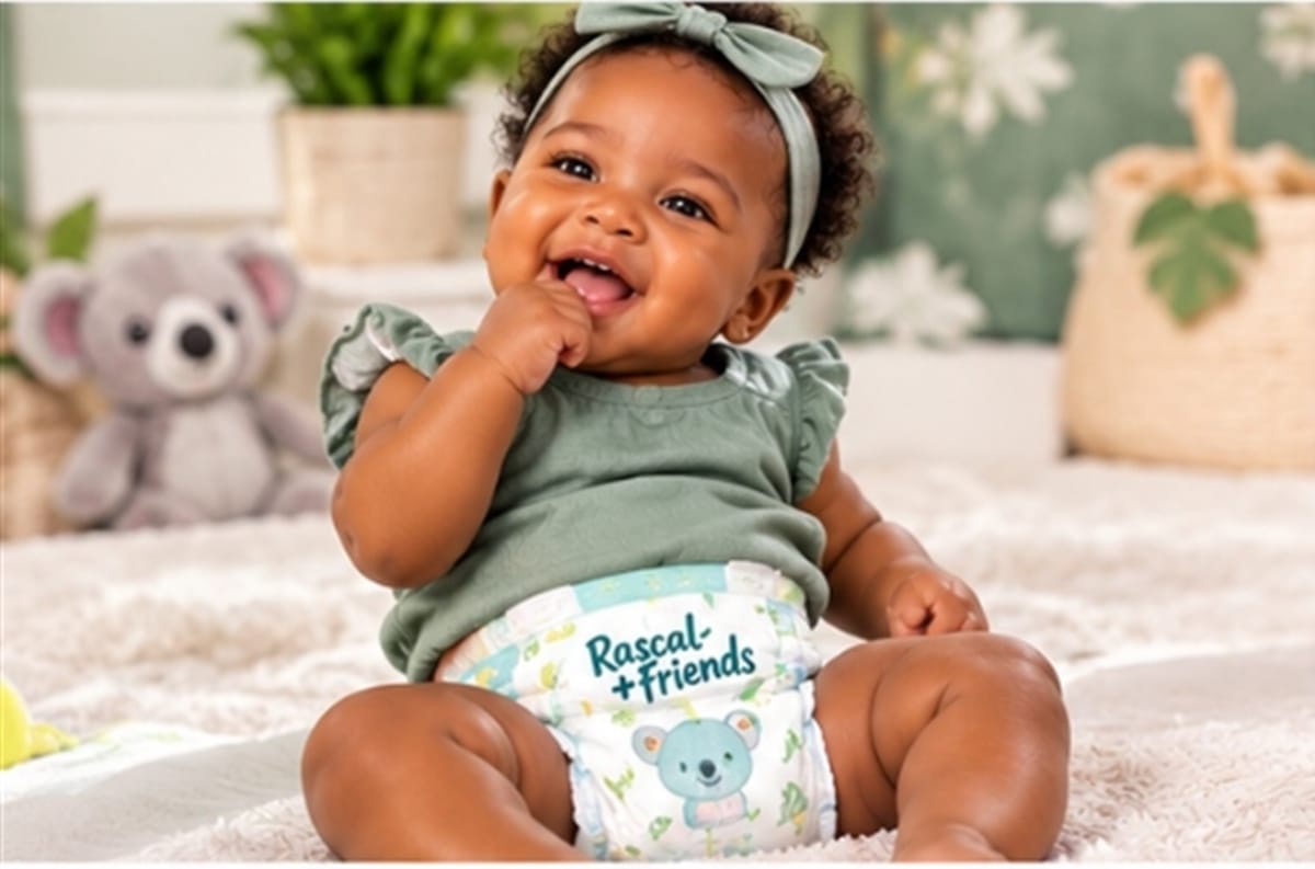 Petite fille souriante portant une couche Rascal + Friends